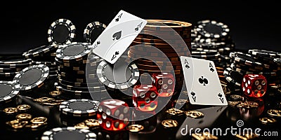 High Stakes Night Casino Cards Chips and Cubes in Play Stock Photo