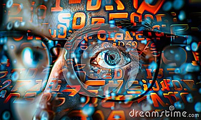 Human eye peering through glasses, surrounded by an array of floating, three-dimensional letters in a cryptic pattern Stock Photo