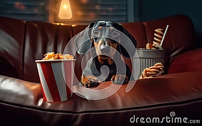 Luxurious Film Night Smiling Dachshund Watching Movies with Popcorn. Generative AI Stock Photo