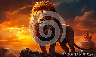 Majestic lion with a royal crown standing atop a rocky peak, against a dramatic fiery sunset sky, symbolizing power, royalty Stock Photo