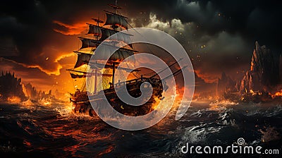 Majestic pirate ship navigating treacherous fiery seas amid volcanic eruption dramatic orange-red skies overhead Stock Photo