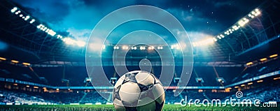 Matchs Focal Point Soccer Ball in Stadium Limelight Close-Up Stock Photo