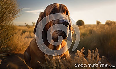 photo of bloodhound during sunset. Generative AI Stock Photo