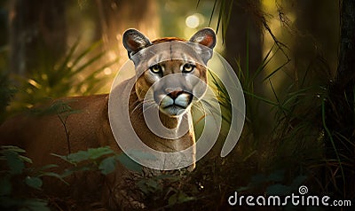 Photo of Florida panther captured stealthily stalking through dense underbrush of a sweltering Floridian forest sun illuminating Stock Photo