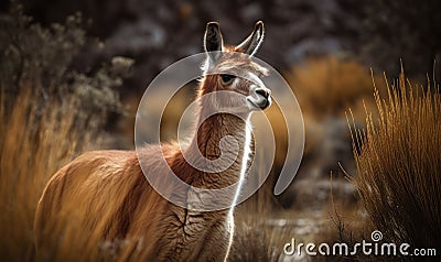 photo of guanaco Lama guanicoe in its natural habitat. Generative AI Stock Photo