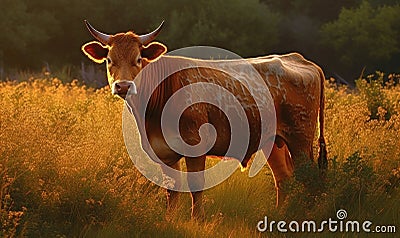 Photo of Guernsey cow grazing in a lush golden meadow at sunrise lighting emphasizes the cows gentle nature and iconic rust Stock Photo