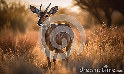 photo of kudu antelope running in tall grass at sunset. Generative AI Stock Photo