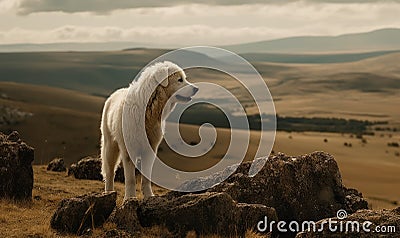 Photo of kuvasz dog majestically standing atop a rocky outcropping overlooking a sprawling pastoral landscape. image showcases Stock Photo