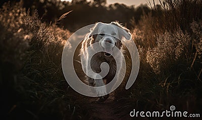 photo of kuvasz dog running happily in tall grass at sunset. Generative AI Stock Photo