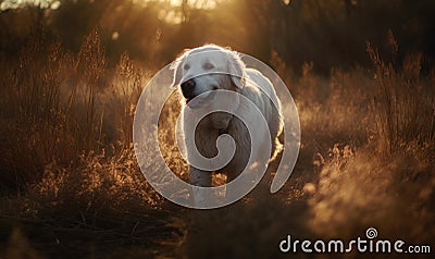 photo of kuvasz dog walking happily in tall grass at sunset. Generative AI Stock Photo