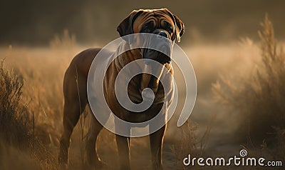 Photo of Mastiff standing tall and proud in a grassy field with a hint of morning mist illuminating the Mastiffs powerful form Stock Photo