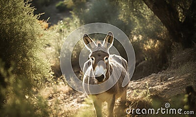 photo of mule on a forest path. Generative AI Stock Photo