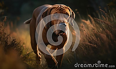 photo of walking bloodhound in tall grass during sunset. Generative AI Stock Photo