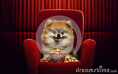 Playful Pomeranian Dog Enjoying Cinema Armchair. Generative AI Stock Photo