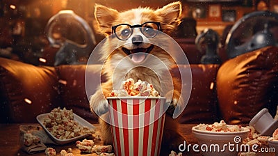 Playful Shiba Inu with Glasses Enjoying a Funny Film Night with Popcorn - Generative AI Stock Photo