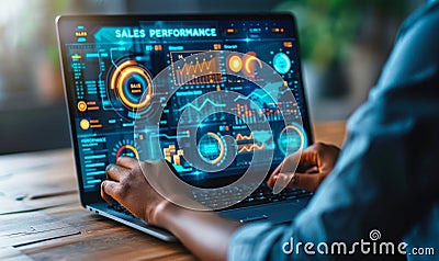 Professional Analyzing Sales Performance Metrics Using a Digital Interface with Graphs and Data Icons on a Laptop Stock Photo