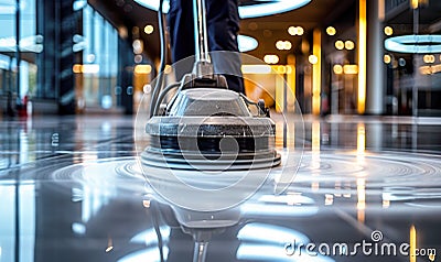 Professional janitorial staff using an industrial floor buffer machine for cleaning and polishing the hallway of a modern Stock Photo