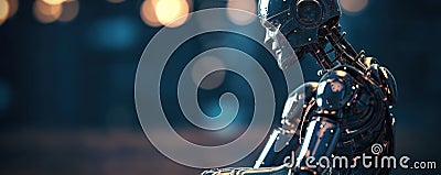 Sitting and thinking metallic AI robot and blurred bokeh background. Generative AI Stock Photo