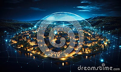 Smart City Concept with Digital Network Over Residential Area, Futuristic Urban Landscape with Connected Homes and Advanced Stock Photo