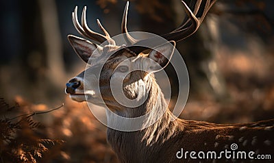 sunset close up photo of fallow deer Dama dama on blurry forest background. Generative AI Stock Photo