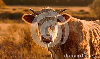 sunset close up photo of heifer bovine in its natural habitat. Generative AI Stock Photo