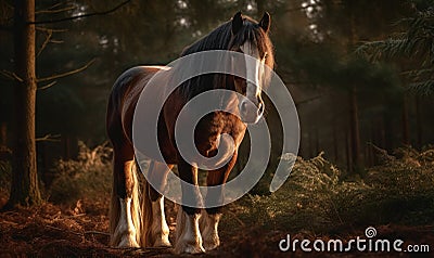 sunset photo of Clydesdale heavy draft-horse breed on forest background during golden hour. Generative AI Stock Photo