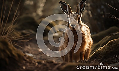 sunset photo of Hare genus Lepus sitting on forest path. Generative AI Stock Photo