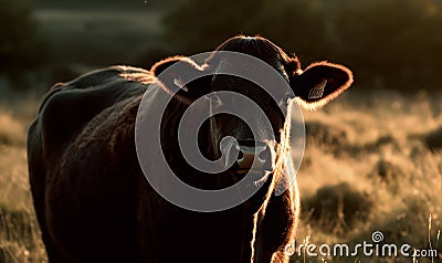 sunset photo of heifer bovine in its natural habitat. Generative AI Stock Photo