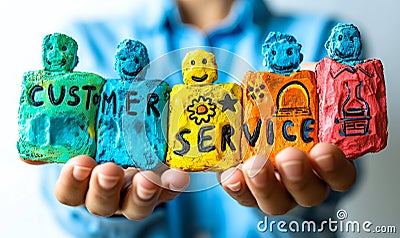 Three dimensional figures holding up CUSTOMER SERVICE letters symbolizing teamwork, support, and commitment to client Stock Photo