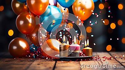 Ultimate Birthday Setup Cake with Candles and Balloon Galore Stock Photo