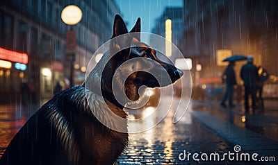 Urban Protector Photo of guide dog majestic German Shepherd standing alert in front of bustling city street. setting emphasizes Stock Photo