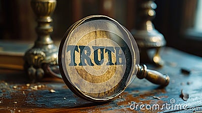 Vintage magnifying glass lying on rough surface focusing on the word TRUTH, depicting the search for facts, clues, and honest Stock Photo