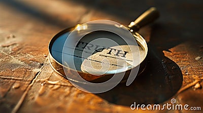 Vintage magnifying glass lying on rough surface focusing on the word TRUTH, depicting the search for facts, clues, and honest Stock Photo