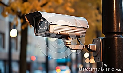The Watchful Lens CCTV on City Building Walls for Secure Monitoring Stock Photo