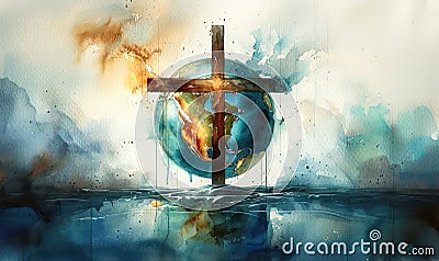 Watercolor painting of Earth cradled by a Christian cross, representing global faith, spirituality, world religions, and the Stock Photo