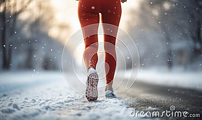 Womans Legs Jogging in Snow Winter Exercise Stock Photo