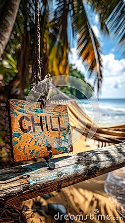 Wooden CHILL sign hanging on a hammock between palm trees on a tropical beach with a serene ocean view, epitomizing Stock Photo