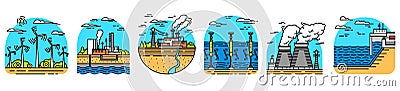 Generating energy. Power plants icons. Industrial buildings. Set of Ecological sources of electricity. Vector Illustration