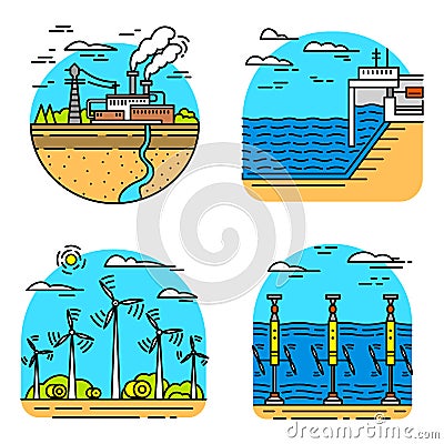 Generating energy. Power plants icons. Industrial buildings. Set of Ecological sources of electricity. Vector Illustration