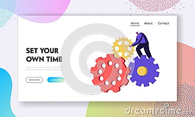 Generating Ideas Website Landing Page, Tiny Man Character Turning Huge Gears and Cogwheels Mechanism of Clocks or Watch Vector Illustration