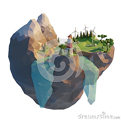 Generation clean energy in 3d low poly style. Floating island wind turbine. Mountain with river and trees. 3d render illustration Cartoon Illustration
