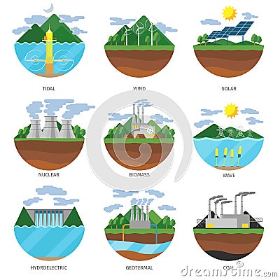 Generation energy types. Power plant icons vector Vector Illustration