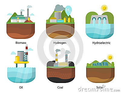 Generation energy types power plant vector renewable alternative source solar and tidal, wind and geothermal, biomass Vector Illustration