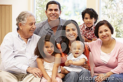 3 generation Hispanic family at home Stock Photo