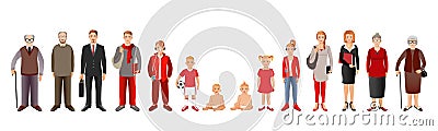 Generation of men and woman from infants to seniors. Baby, child, teenager, student, business men, business woman, adult, senior Stock Photo