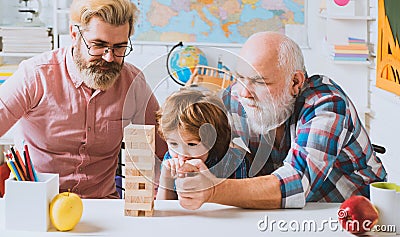 Generation of people and stages of growing up. Grandfather father and son spending weekend together. Stock Photo