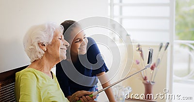 Generations Gap Happy Old Woman And Granddaughter Taking Selfie Stock Photo