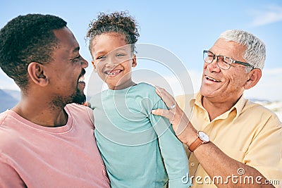 Generations, grandfather and dad with child on beach holiday in South Africa with love, happiness and freedom. Travel Stock Photo