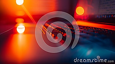 Generative AI abstract blur background table work in office with computer pc business concept. Stock Photo