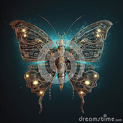 Generative AI: Abstract fantasy colorful mechanical butterfly blue background Stock Photo